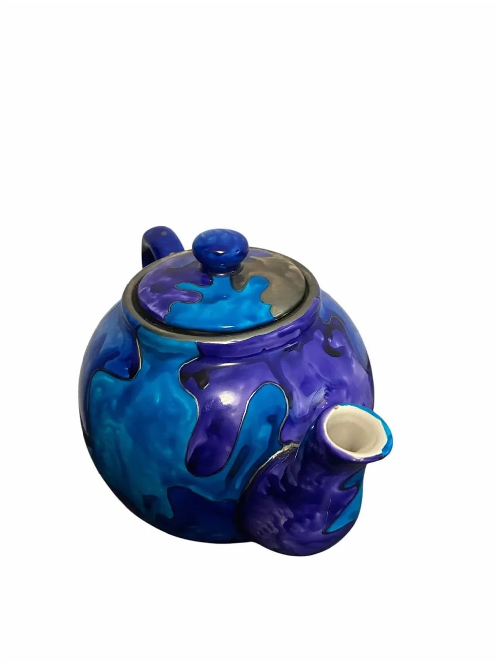 Julie Tougas Studio Pottery Teapot Abstract Blue Purple Silver Hand Painted